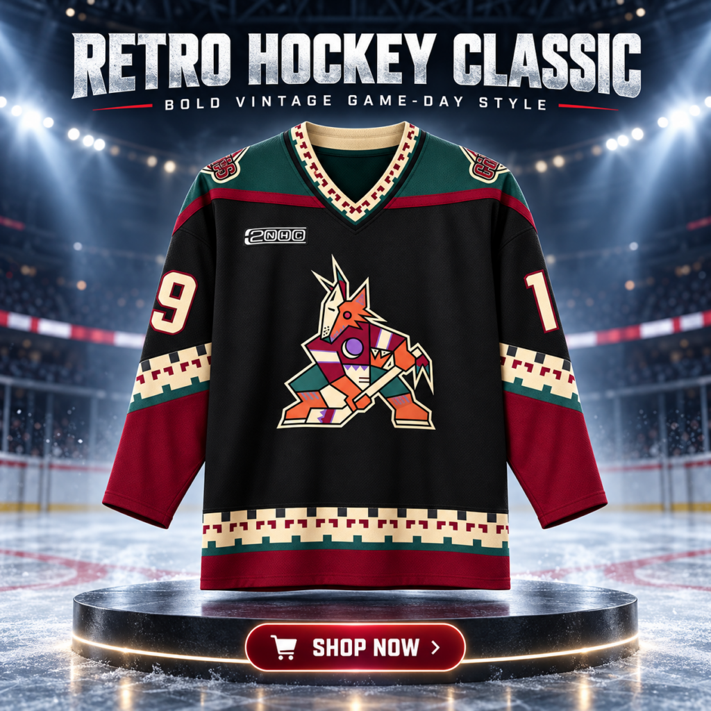 Phoenix Coyotes Vintage Kachina Hockey Jersey – Front view with geometric coyote Phoenix Coyotes Vintage Kachina Hockey Jersey - front view with geometric coyote crest