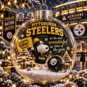 Pittsburgh Steelers Snoopy Global Ornament 2026 - front view with helmet and snow scene