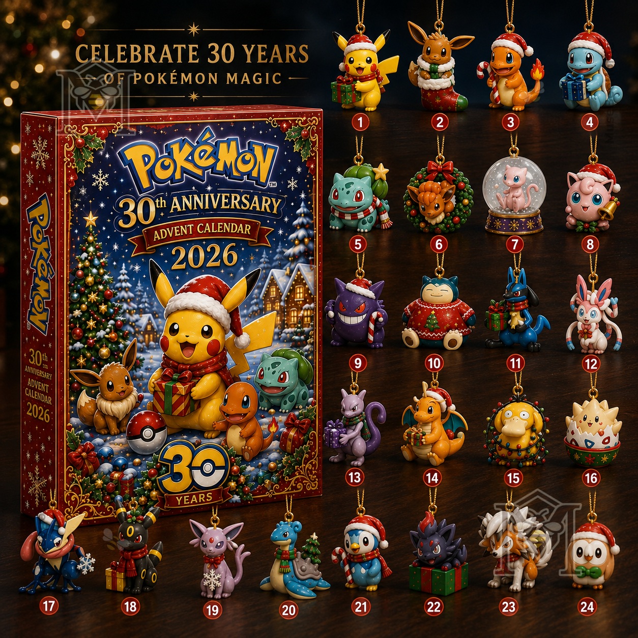Pokémon 30th Anniversary 2026 Advent Calendar - box and numbered character ornaments