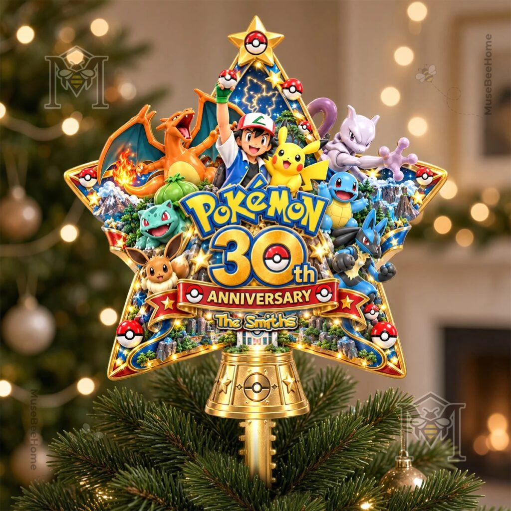 Pokémon 30th Anniversary Christmas Tree Topper – Front view with Pokémon characters Pokémon 30th Anniversary Christmas Tree Topper - front view with Pokémon characters