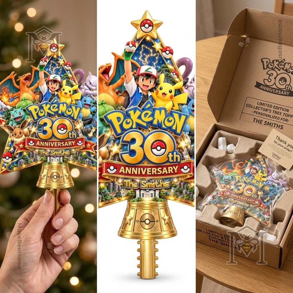 Pokémon 30th Anniversary Christmas Tree Topper - gold tree base and character collage
