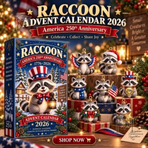 Raccoon America 250th Anniversary 2026 Advent Calendar - front box with raccoon ornaments