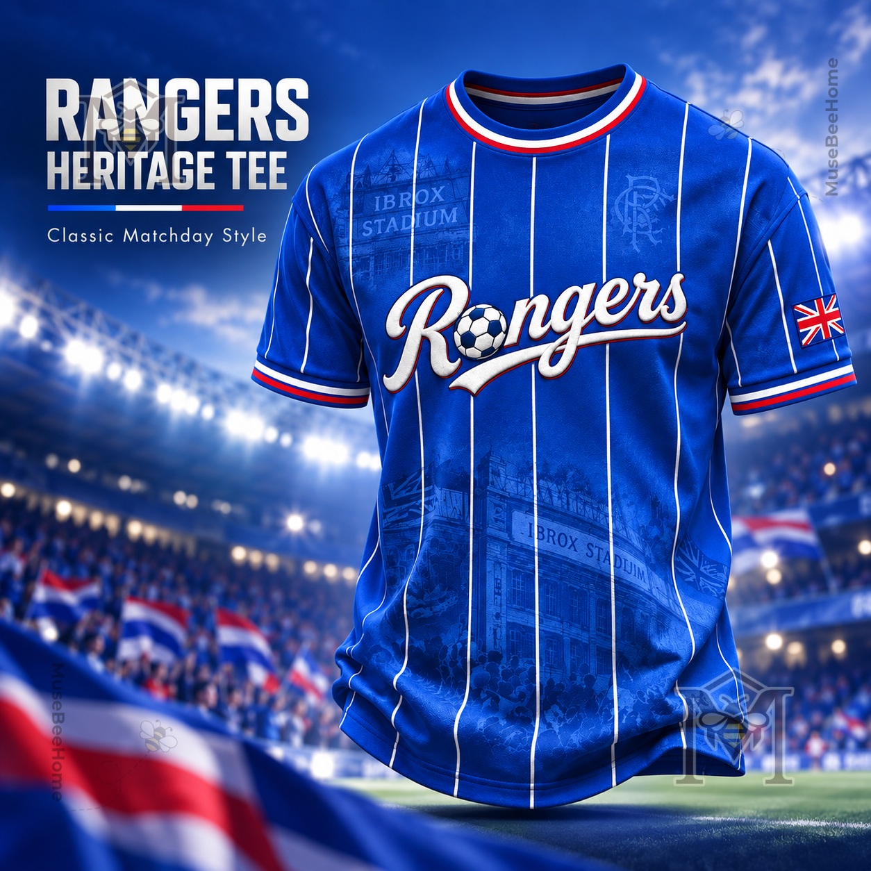 Rangers Football Club T-Shirt - front view with pinstripes and chest lettering