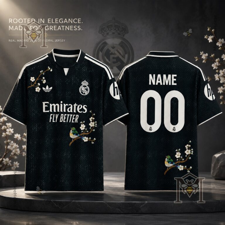 Real Madrid 2026-27 Floral Edition Football Jersey - front and back views with floral bird details