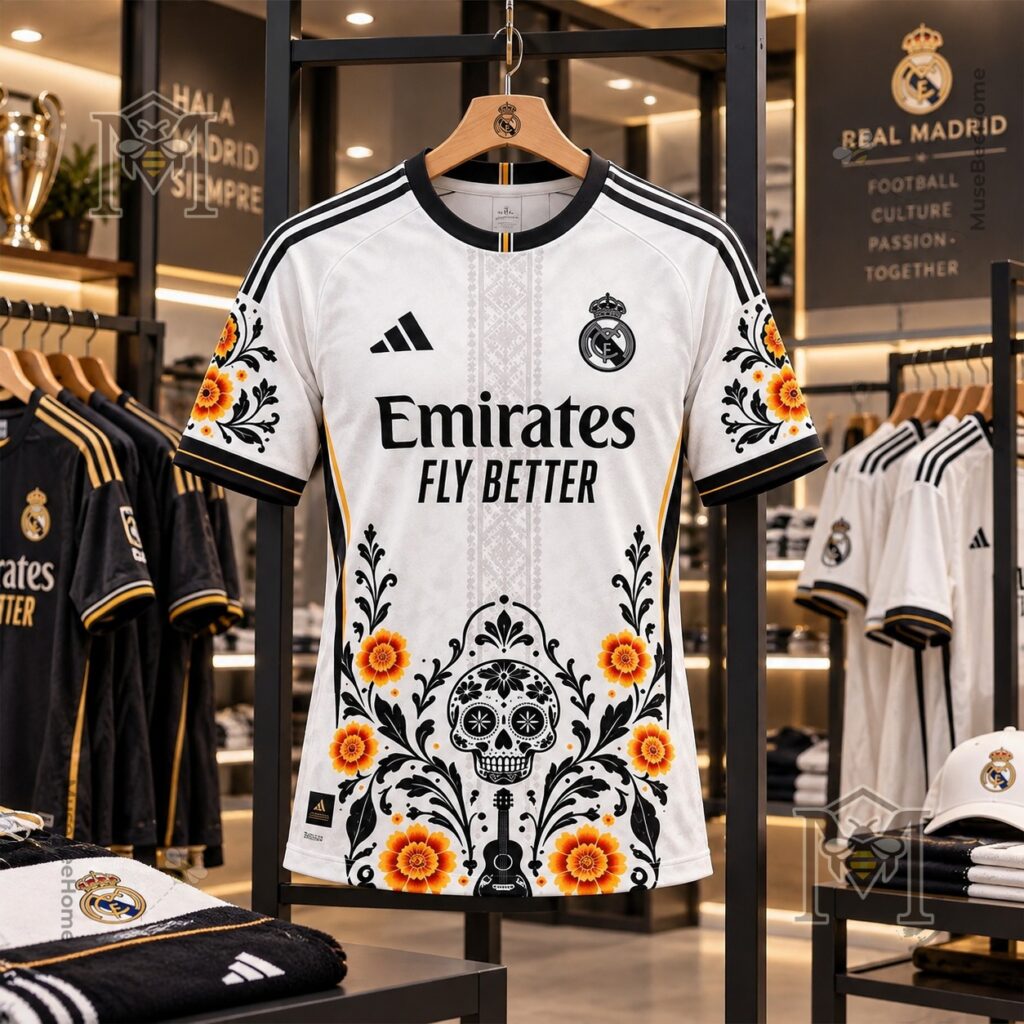 Real Madrid Dia de los Muertos Jersey – Front view with skull, marigolds Real Madrid Dia de los Muertos Jersey - front view with skull, marigolds, and floral artwork