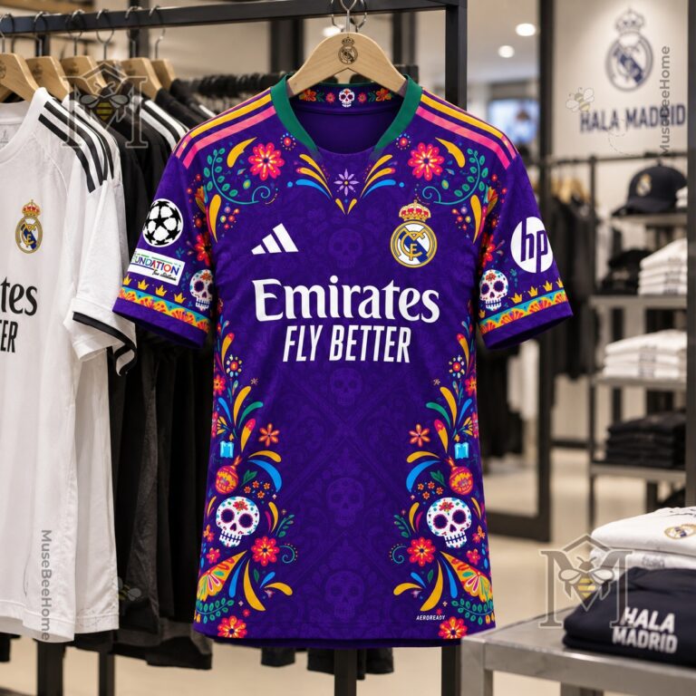 Real Madrid Día de Muertos Football Jersey - front view with colorful skull and floral graphics
