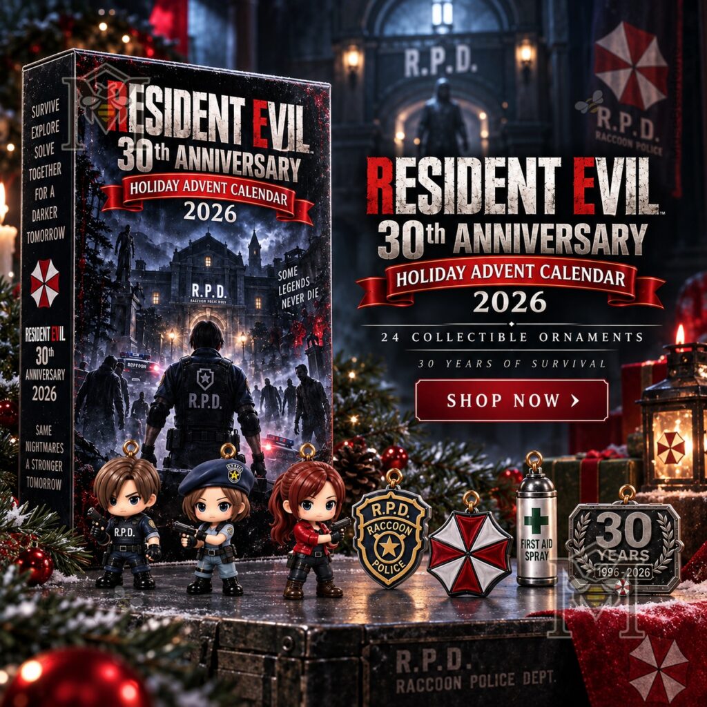 Resident Evil 30th Anniversary Advent Calendar 2026 – Box and collectible ornaments display Resident Evil 30th Anniversary Advent Calendar 2026 - box and collectible ornaments display