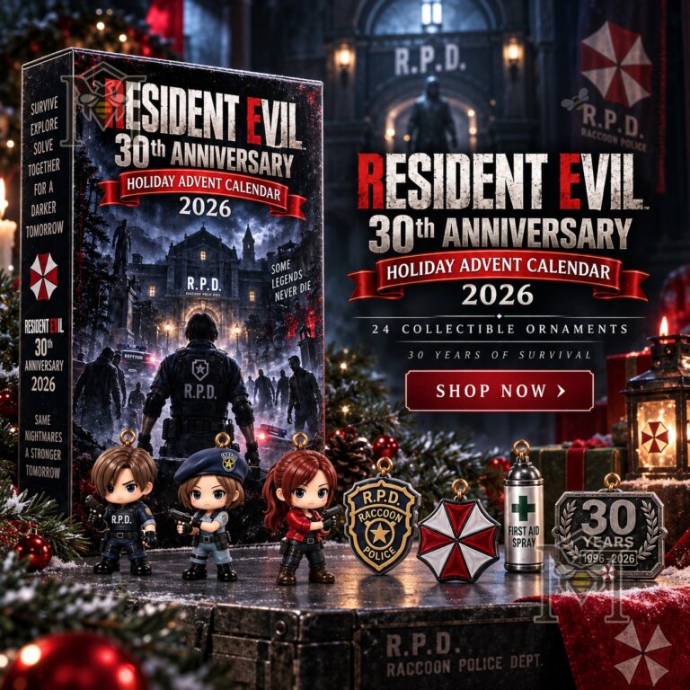 Resident Evil 30th Anniversary Advent Calendar 2026 - box and collectible ornaments display