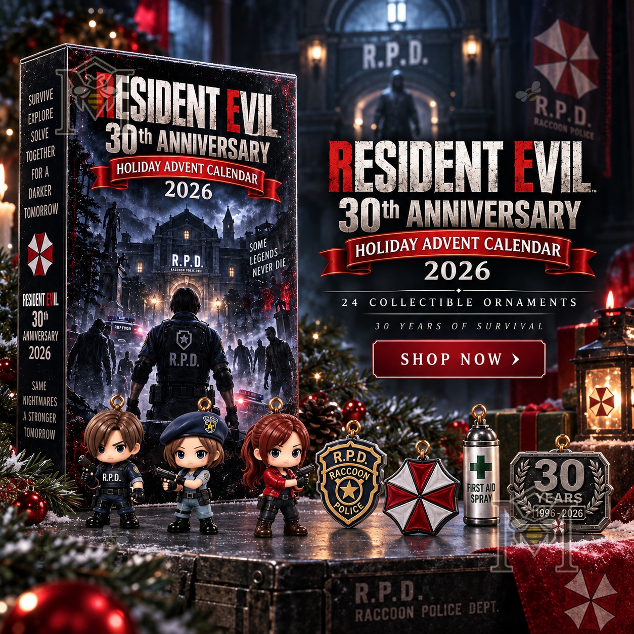 Resident Evil 30th Anniversary Advent Calendar 2026 - box and collectible ornaments display