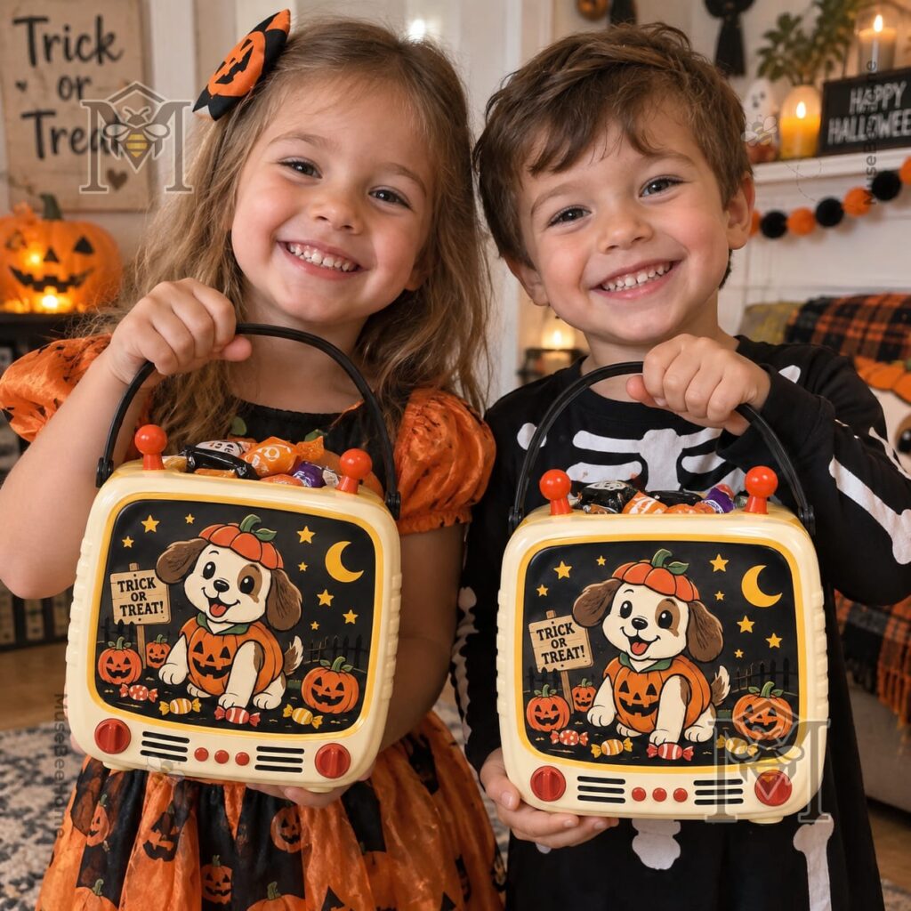 Puppy Retro Comic Halloween Pumpkin Candy Bucket - photo 3