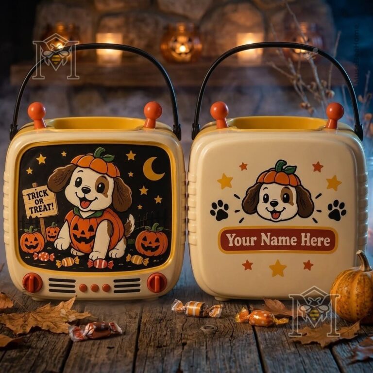 Puppy Retro Comic Halloween Pumpkin Candy Bucket - front and back views with name panel