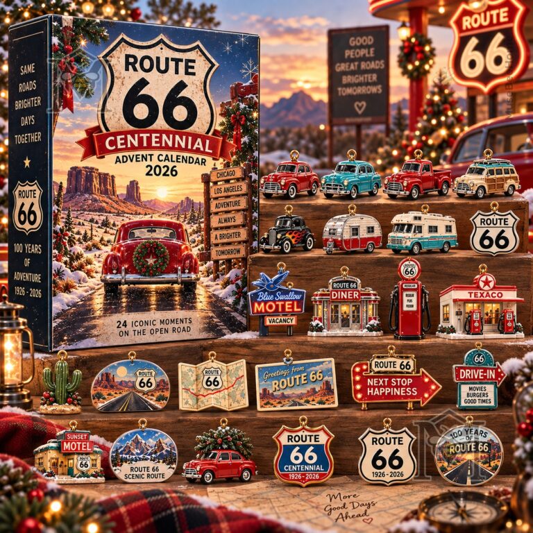 Route 66 Advent Calendar Christmas 2026 - front box with miniature road trip ornaments