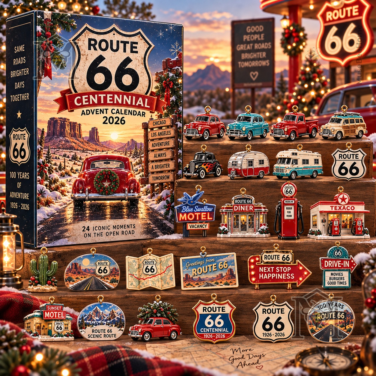 Route 66 Advent Calendar Christmas 2026 - front box with miniature road trip ornaments