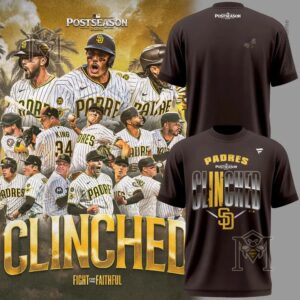 San Diego Padres 2026 MLB Postseason Clinched T-Shirt - front and back views