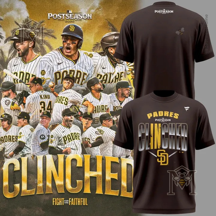 San Diego Padres 2026 MLB Postseason Clinched T-Shirt - front and back views