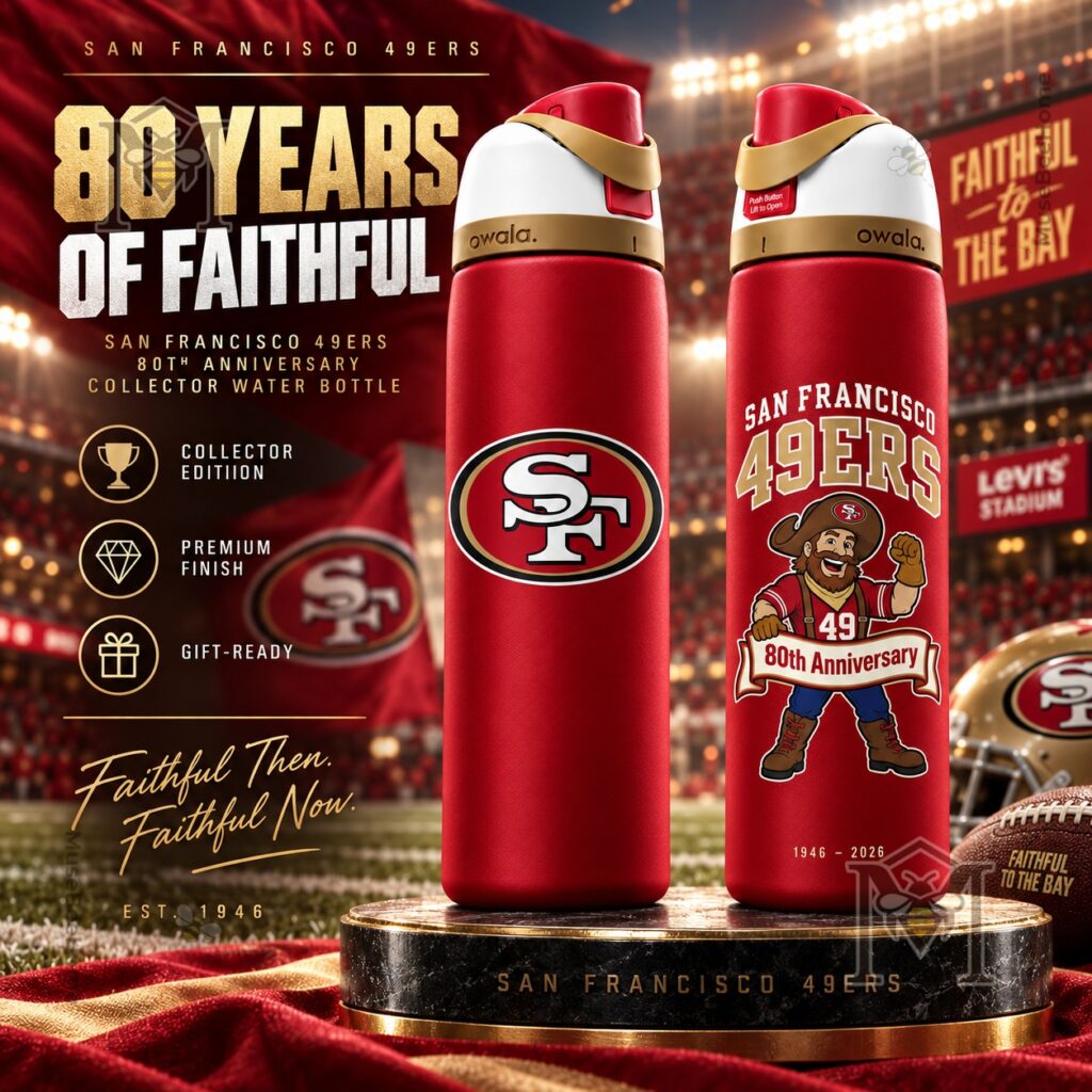 San Francisco 49ers 80th Anniversary 2026 Sourdough Sam Water Bottle – Front and back views San Francisco 49ers 80th Anniversary 2026 Sourdough Sam Water Bottle - front and back views