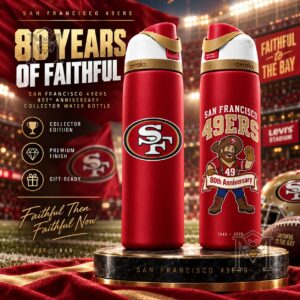 San Francisco 49ers 80th Anniversary 2026 Sourdough Sam Water Bottle - front and back views