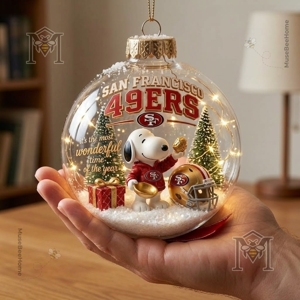 San Francisco 49ers Snoopy Christmas Ornament - full bauble displayed with holiday decorations