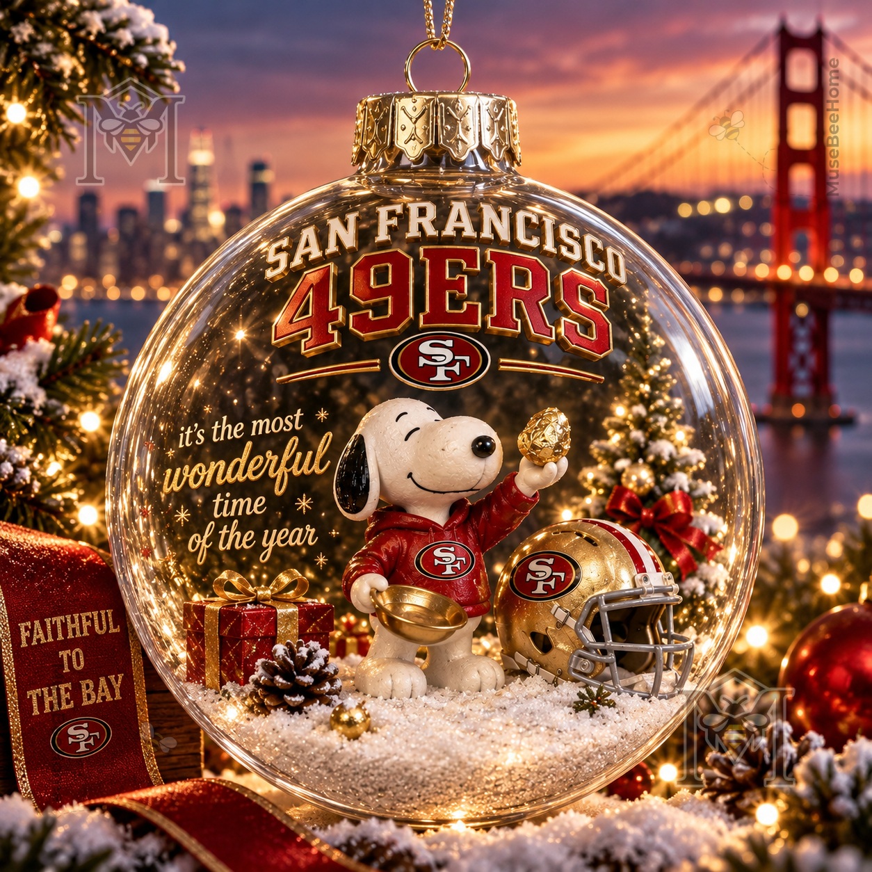 San Francisco 49ers Snoopy Global Ornament 2026 - front view with team lettering