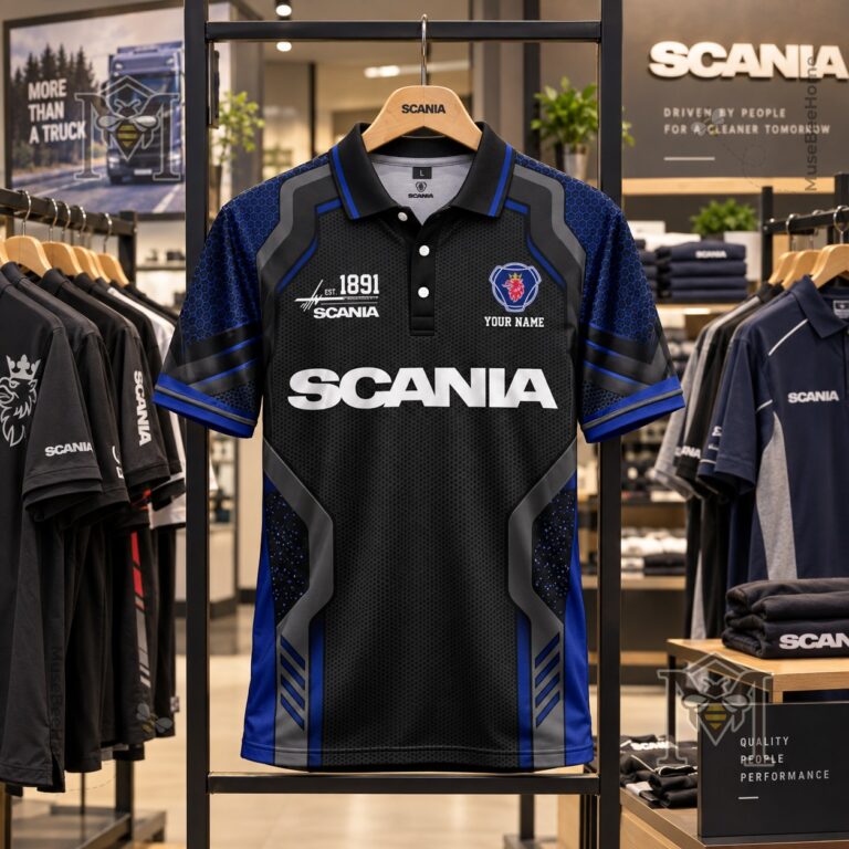 Scania Est. 1891 Custom Polo - front view with Scania logos and crest
