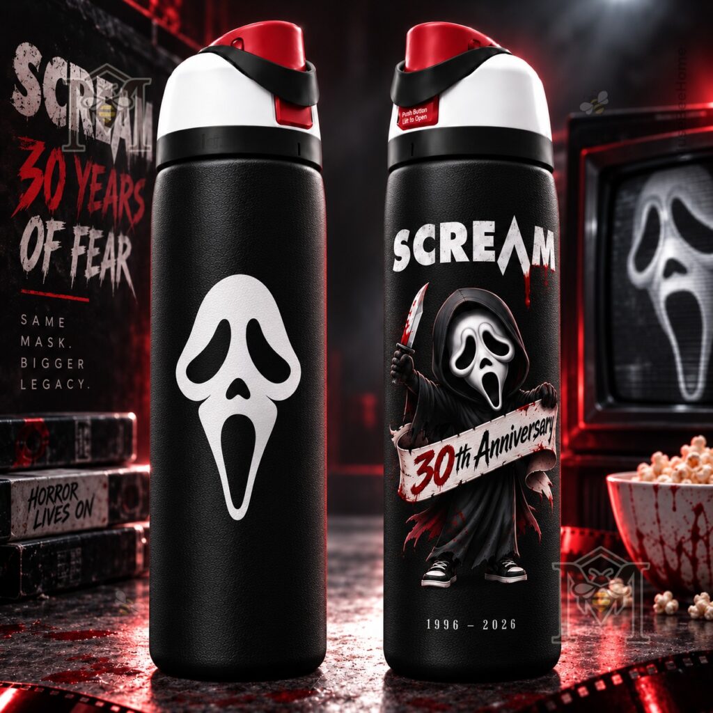 Scream Ghostface 30th Anniversary 2026 Water Bottle - front view with Ghostface mask graphic