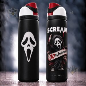Scream Ghostface 30th Anniversary 2026 Water Bottle - reverse view with illustrated Ghostface design
