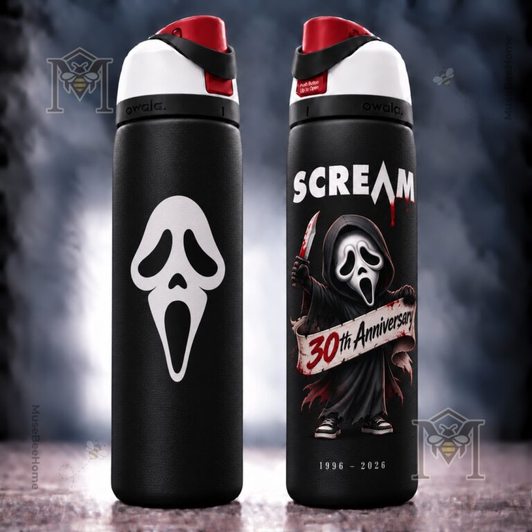 Scream Ghostface 30th Anniversary 2026 Water Bottle - reverse view with illustrated Ghostface design