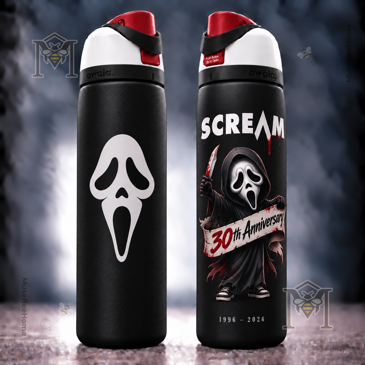 Scream Ghostface 30th Anniversary 2026 Water Bottle - reverse view with illustrated Ghostface design