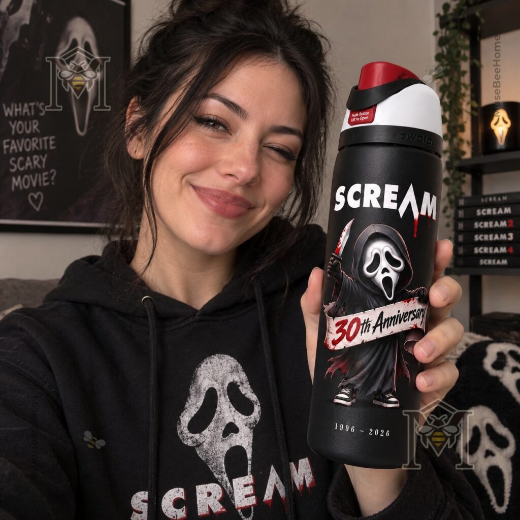 Scream Ghostface 30th Anniversary 2026 Water Bottle - close-up of anniversary lettering and knife graphic