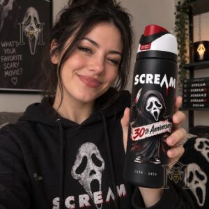 Scream Ghostface 30th Anniversary 2026 Water Bottle - close-up of anniversary lettering and knife graphic