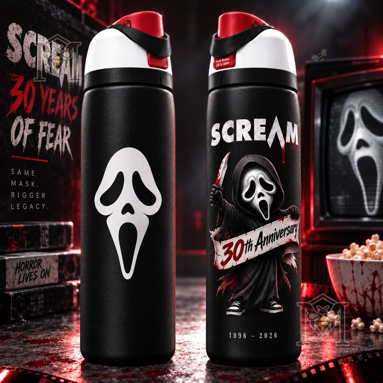 Scream Ghostface 30th Anniversary 2026 Water Bottle - front view with Ghostface mask graphic