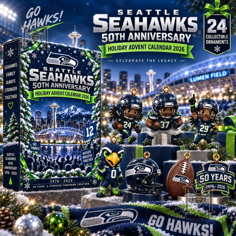 Seattle Seahawks 50th Anniversary Advent Calendar 2026 - front packaging with football ornaments