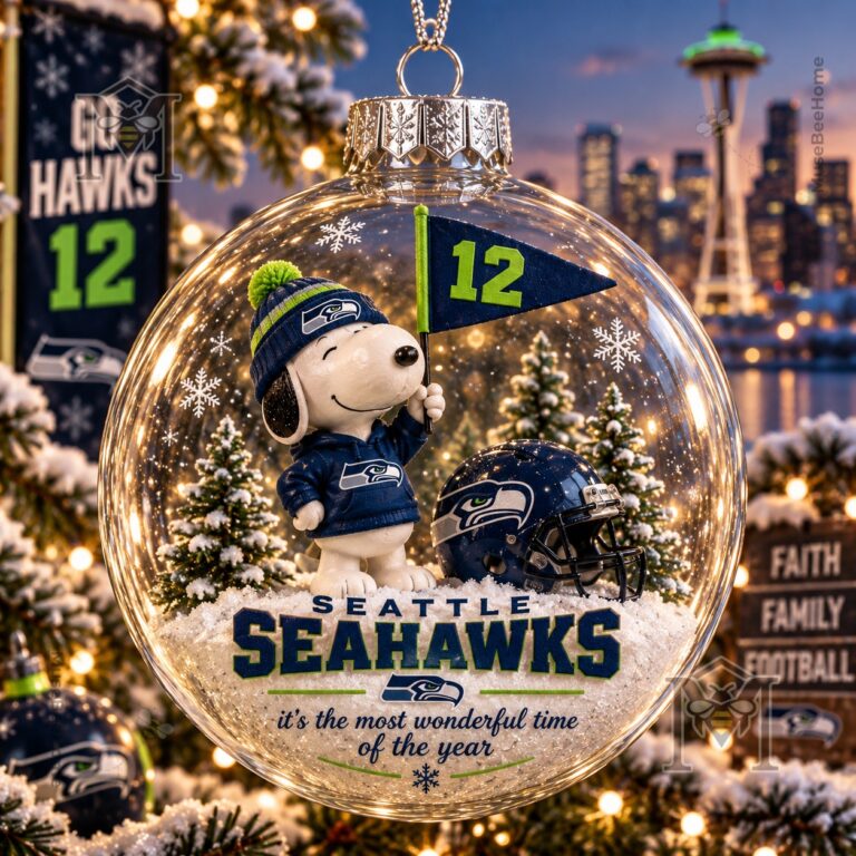 Seattle Seahawks Snoopy Global Ornament 2026 - front view with Snoopy and football helmet
