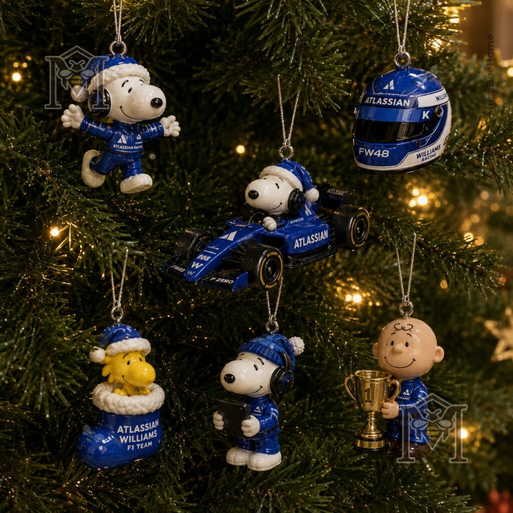 Blue racing ornament featuring Snoopy and Atlassian Williams F1 Team branding