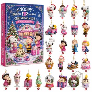 Snoopy Baskin-Robbins Christmas 2026 Advent Calendar - side panel and illustrated front packaging