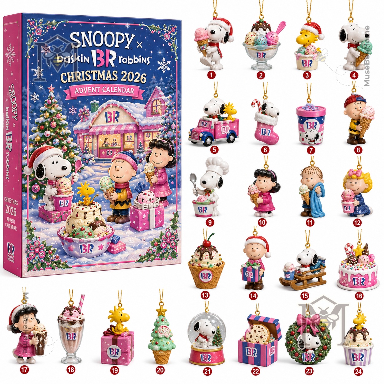 Snoopy Baskin-Robbins Christmas 2026 Advent Calendar - side panel and illustrated front packaging
