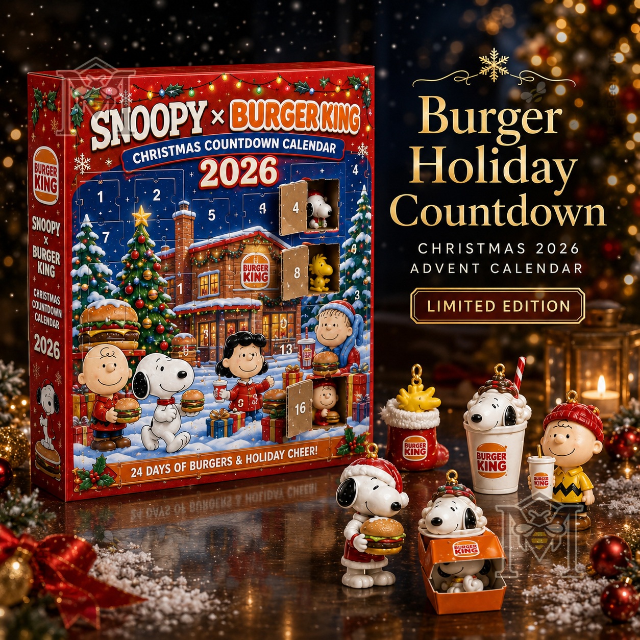 Snoopy Burger King Christmas 2026 Advent Calendar - front box with numbered doors