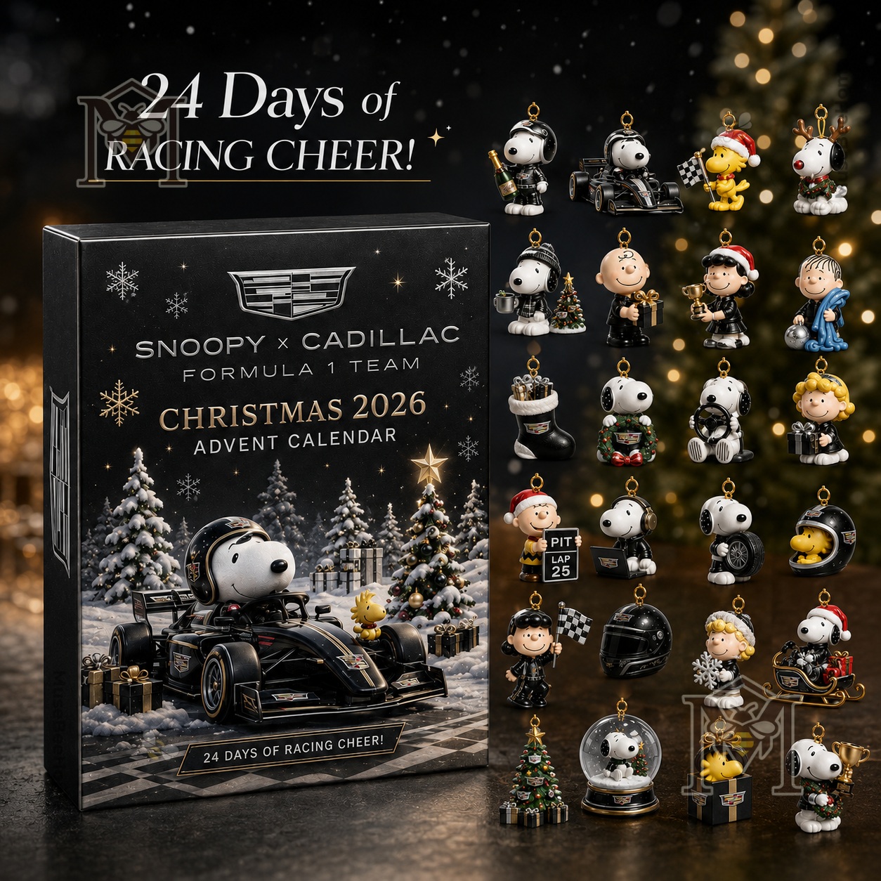 Snoopy Cadillac F1 Christmas 2026 Advent Calendar - box and character ornaments
