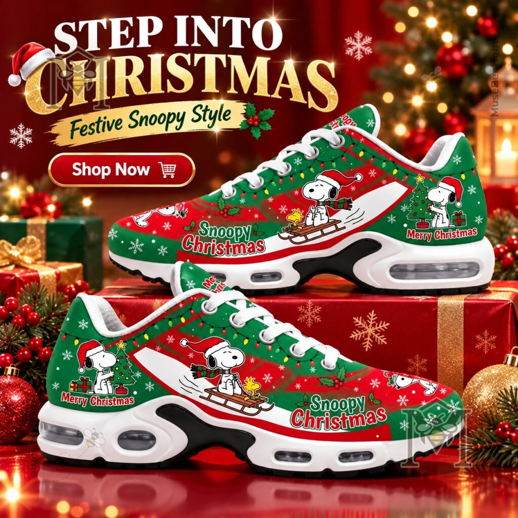 Snoopy Christmas Air Max Shoes 2026 - paired shoes displaying festive Snoopy Christmas artwork