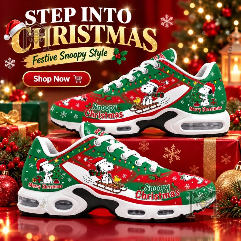 Snoopy Christmas Air Max Shoes 2026 - paired shoes displaying festive Snoopy Christmas artwork
