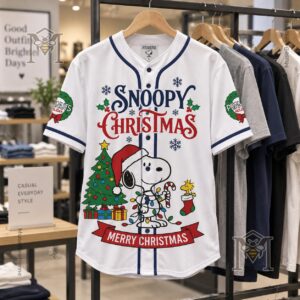 Snoopy Christmas Baseball Jersey - front view with holiday graphics and navy piping