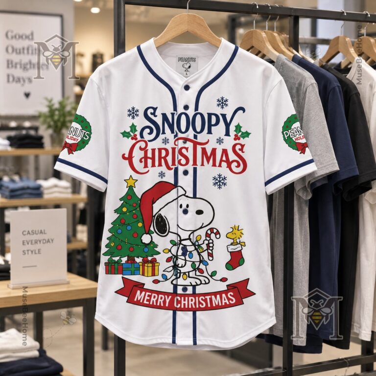 Snoopy Christmas Baseball Jersey - front view with holiday graphics and navy piping