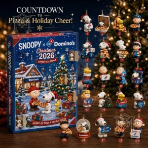 Snoopy Domino's Christmas 2026 Advent Calendar - front box with numbered doors and character ornaments