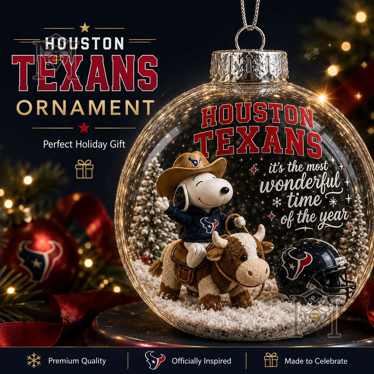 Snoopy Houston Texans Christmas Global Ornament 2026 - front view showing Snoopy and bull inside