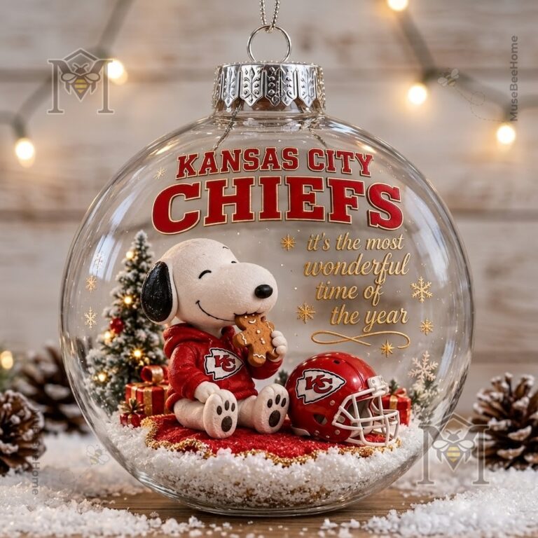 Snoopy Kansas City Chiefs Christmas Global Ornament 2026 - close-up of Chiefs lettering and holiday script