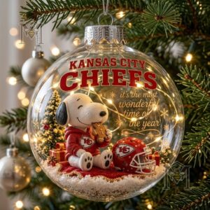 Snoopy Kansas City Chiefs Christmas Global Ornament 2026 - lower scene showing Snoopy holding gingerbread
