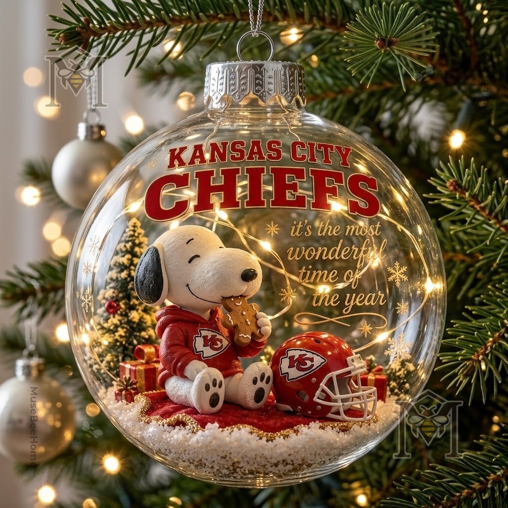 Snoopy Kansas City Chiefs Christmas Global Ornament 2026 - lower scene showing Snoopy holding gingerbread