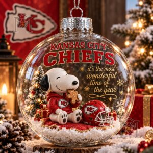 Snoopy Kansas City Chiefs Christmas Global Ornament 2026 - front view with Snoopy and helmet