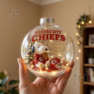 Snoopy Kansas City Chiefs Christmas Global Ornament 2026 - spherical bauble displayed with hanging cap