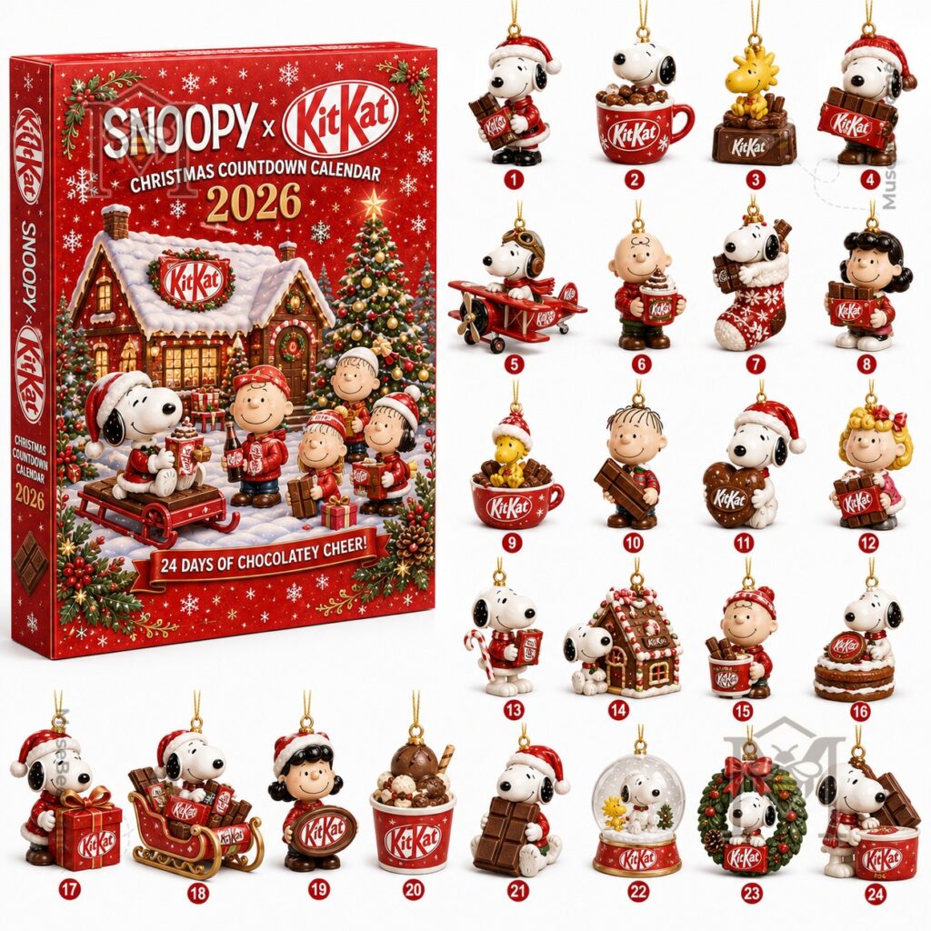 Snoopy KitKat Christmas Countdown 2026 Advent Calendar - illustrated snowy Christmas scene